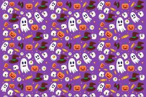 halloween pattern flat design with, skull, pumpkin, witch hat, candy, and eyeball vector