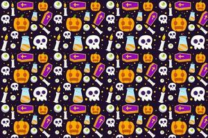 vector halloween pattern with skull, coffin, candle, pumpkin, and eyeball