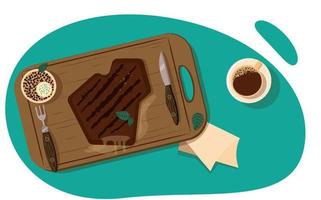 Grilled steak on wood board with sauce Dinner. Vector illustration