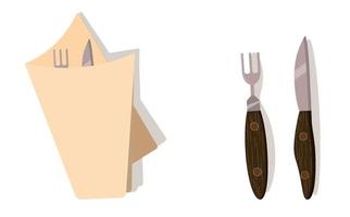 Cutlery. Fork, knife and napkin. Steel with wooden handle. Vector illustration