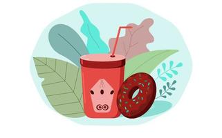 Coffee in a paper cup with a donut.Color triad. Vector illustration