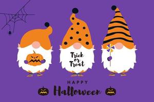 Cute three Halloween gnomes holding Jack-o'-Lantern, candy. Vector illustration.