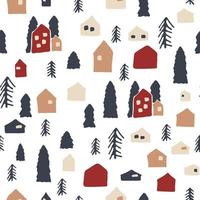 Winter hand drawn modern houses, Christmas trees elements on seamless repeat pattern for cozy Christmas time. Vector illustration in beige, blue, red colors on white background