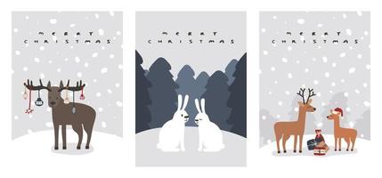 Set of Christmas cards of deer, moose, hare, rabbit family in the forest, snow time. Vector illustrations for winter holidays