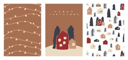 Set of Christmas hand drawn cards. Cozy vector illustrations of knitted, thread, city or village wooden houses, Christmas trees elements for winter holidays