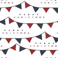 Merry Christmas text, flags decoration elements on winter hand drawn seamless pattern for Christmas time. Vector illustration in blue, red colors on white background