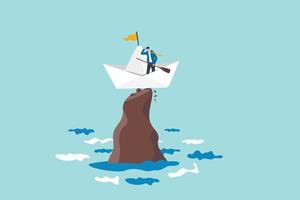 Life or business stuck, struggle with problem or obstacle, error, mistake or failure cause hopeless situation, business difficulty concept, hopeless businessman stuck on shipwrecked on high rock cliff vector