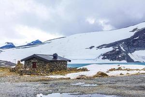 Stone cottage Galdhopiggen Jotunheimen largest highest mountain in Norway Scandinavia. photo
