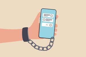 Nomophobia or no mobile phone phobia, smartphone and social media addicted or fear of missing out concept, young people with handcuff chained with mobile phone with chat and social media applications. vector