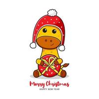 linda jirafa con saludo presente feliz navidad y feliz año nuevo ilustración de tarjeta de doodle de dibujos animados vector