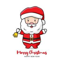 Cute santa claus holding bell greeting merry christmas and happy new year cartoon doodle card background illustration vector