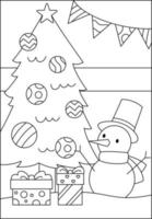 árbol de navidad con muñeco de nieve para colorear para niños vector