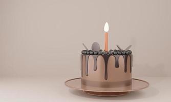 pastel de cumpleaños lindo pastel de chocolate de representación 3d con luz de velas para un cumpleaños sorpresa, día de la madre, día de san valentín aislado en un fondo marrón con trazado de recorte