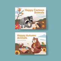 Postcard template with autumn animal concept,watercolor style vector