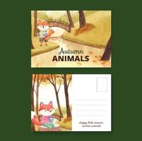 Postcard template with autumn animal concept,watercolor style vector