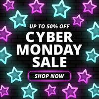 Banner de venta de Cyber Monday con neones estrella sobre fondo de pared de ladrillo vector