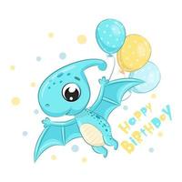 Cute dinosaur with balloons. Happy birthday clipart. vector