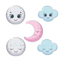 set of cute cartoon moon and cloud. vector