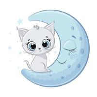 Cute baby kitten is sitting on the moon. vector