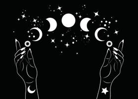 Mystical moon phases and woman hands, Triple moon pagan Wiccan goddess symbol, alchemy esoteric magic space, sacred wheel of the year, vector isolated on black background