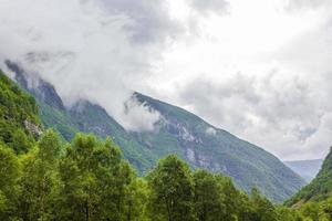 niebla niebla nubes acantilados en la montaña paisaje noruego utladalen noruega.
