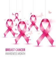 Breast cancer awareness concept illustration pink ribbon symbol, pink watercolor blots with realistic ribbons. vector