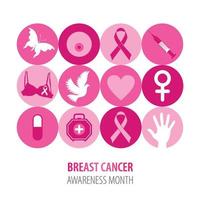 Breast cancer illustration of pink icons with symbol ribbon. vector