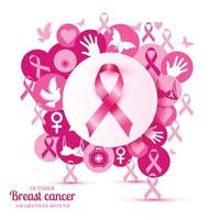 Breast cancer illustration of pink icons with realistic symbol ribbon. vector