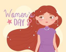 womens day cute young woman with brown long hair cartoon vector