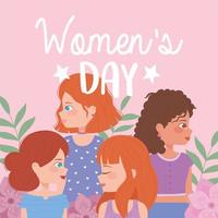 día de la mujer perfil grupo femenino dibujos animados flores vector