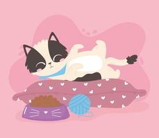 cute cat resting on cushion with food and toy ball vector