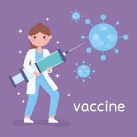 female doctor with syringe vaccine medical, covid 19 vector