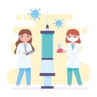 female doctors with syringe and flask vaccine medical, covid 19 vector