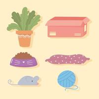 set icons of plant box cushion toy and ball for pets vector