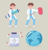 male and female doctor with syringe vaccine medicine world vector