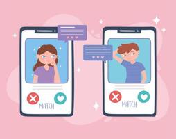 couple chatting in the smartphone screen, virtual relationship, dating app vector