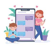 couple sending messages, chatting love, dating application vector