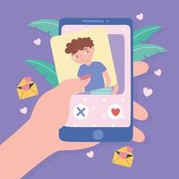 hand holding smartphone with boy on the screen, dating application vector