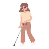 Mujer ciega con gafas con un bastón caminando aislado vector