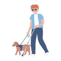 ciego con gafas caminando con perro un bastón caminando vector