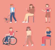 set of people disable, blind, walking and sitting characters vector