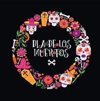 dia de los muertos, dia de los muertos, banner con coloridas flores e iconos mexicanos. fiesta, cartel de vacaciones, volante de fiesta, divertida tarjeta de felicitación vector