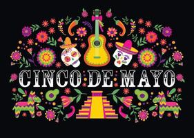 Cinco de Mayo-May 5th-typography banner vector. Mexico design for fiesta cards or party invitation, poster. Flowers traditional mexican frame with floral letters on black background. vector