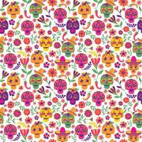 Dia de los muertos seamless vector pattern. The main symbols of the holiday on the dark background. Day of the dead.