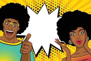 Wow couple. Sexy happy surprised african man and woman in pop art comic retro style with open mouths and speech bubble. Vector colorful cartoon background.