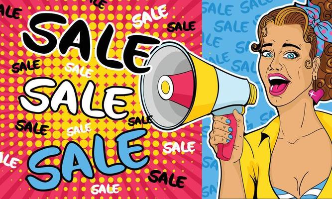 Sexy pop art woman with open mouth and megaphone speaking. Vector background in comic retro pop art style.