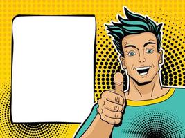 Surprised man with pointing finger in pop art retro style. Vintage vector character. Pop art vector background.