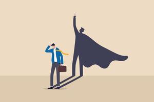 Self confidence or leadership to bring full potential and strength, motivation to achieve business success concept, self doubt businessman standing with his skillful power superhero shadow on the wall vector