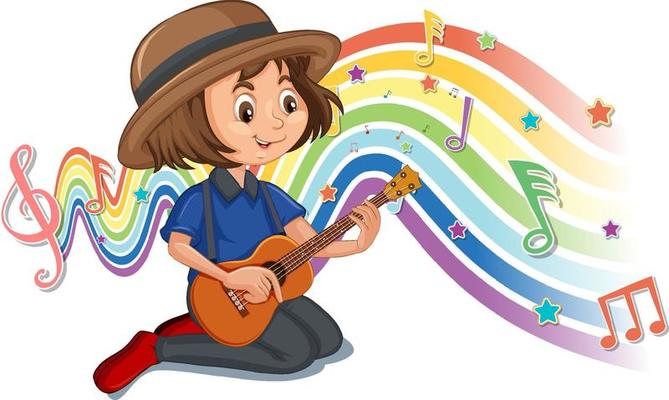 Girl playing guitar with melody symbols on rainbow wave