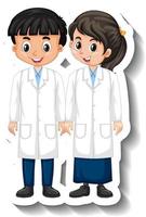 Scientist couple kids cartoon character sticker vector